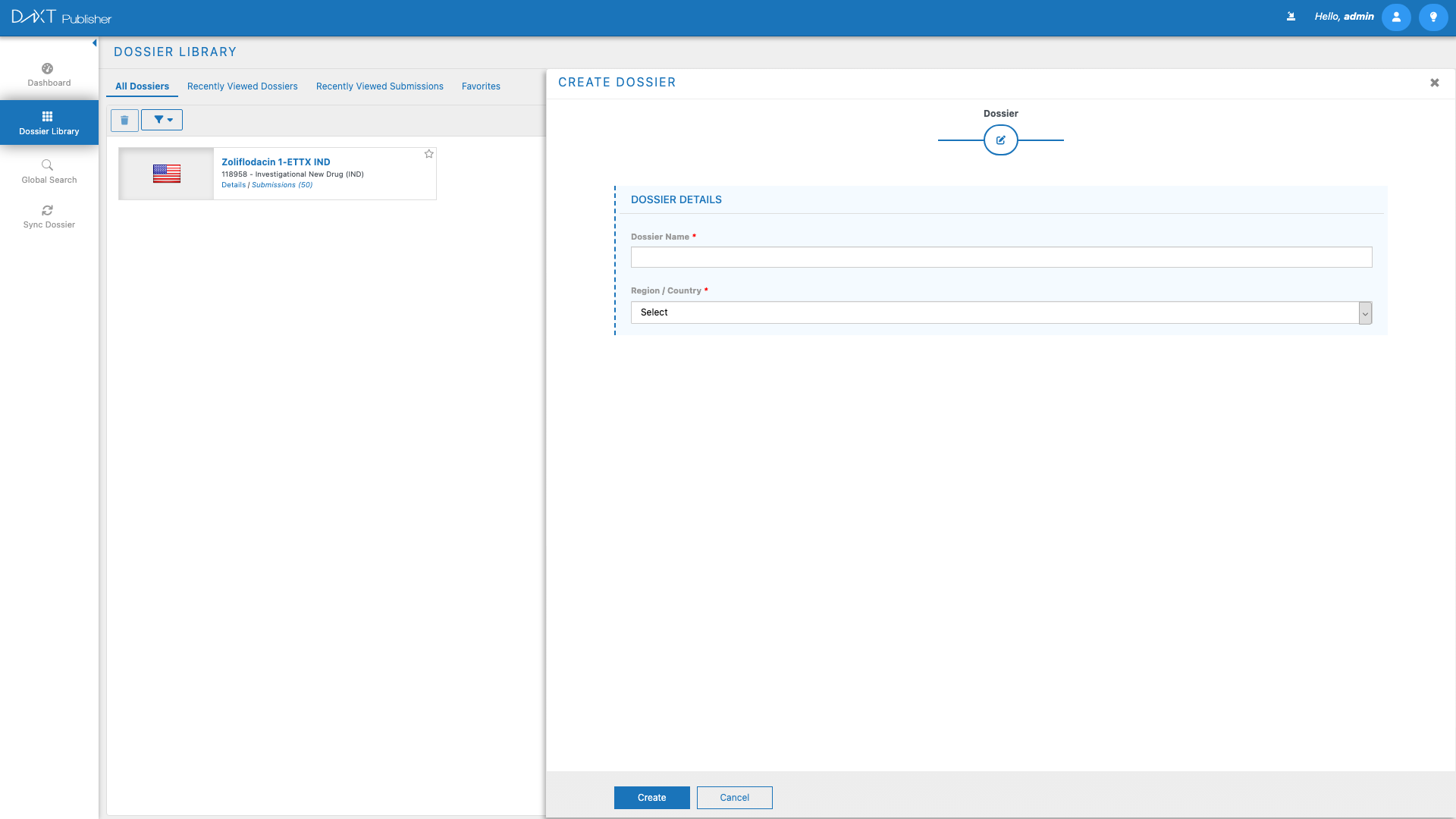DnXT Publisher Create Dossier Dialog