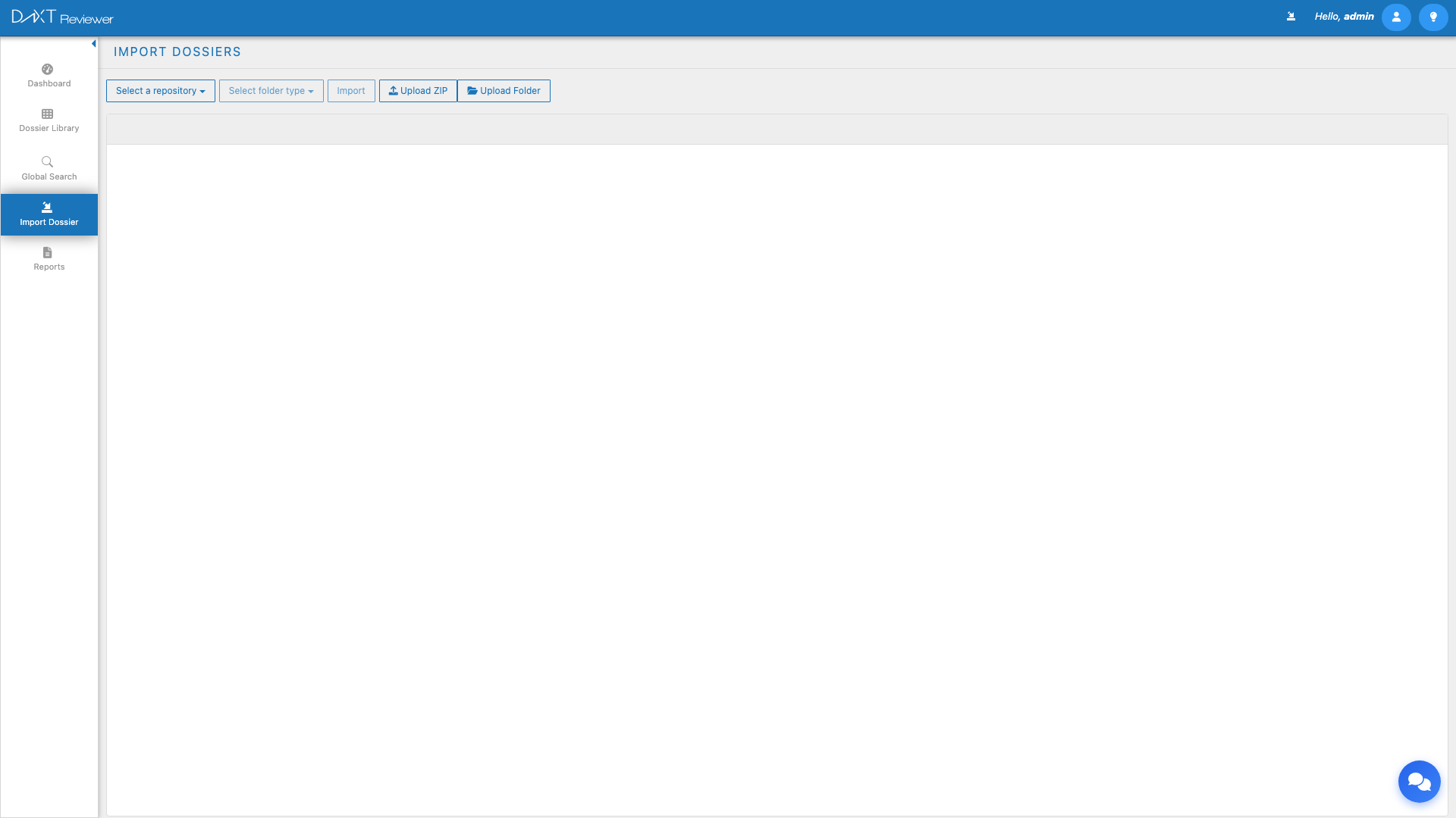 DnXT Reviewer Import Dossiers Screen